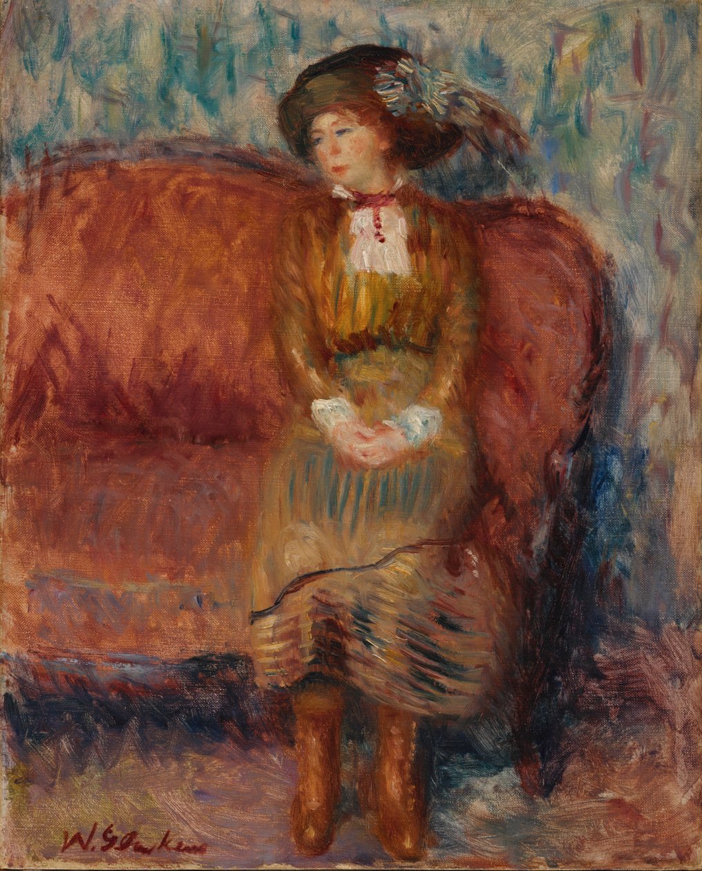 Nainen istuu punaisella sohvalla tekijältä William James Glackens