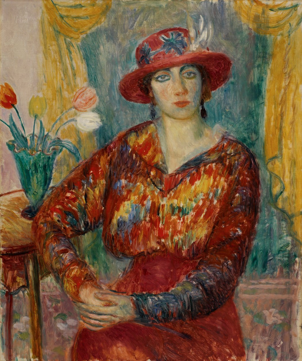 Nainen punaisessa puserossa tulppaanien kanssa tekijältä William James Glackens