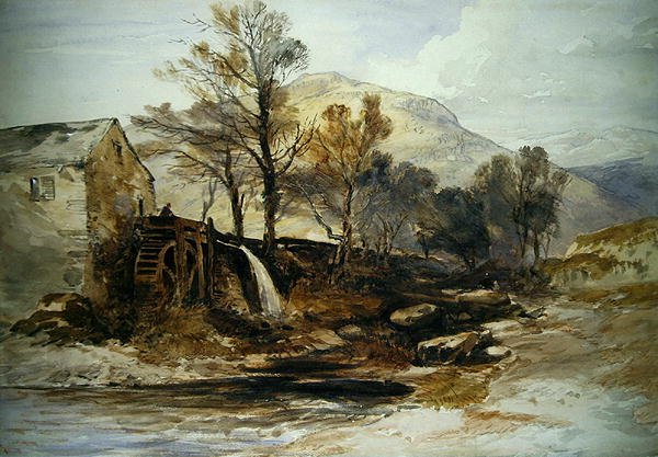 Vesimylly Pohjois-Walesissa (akvarelli paperille) tekijältä William James Muller