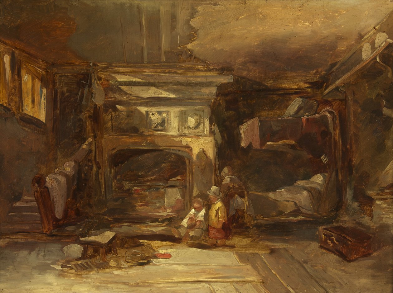 A Welsh Interior, n. 1844 (öljy paneelille) tekijältä William James Muller