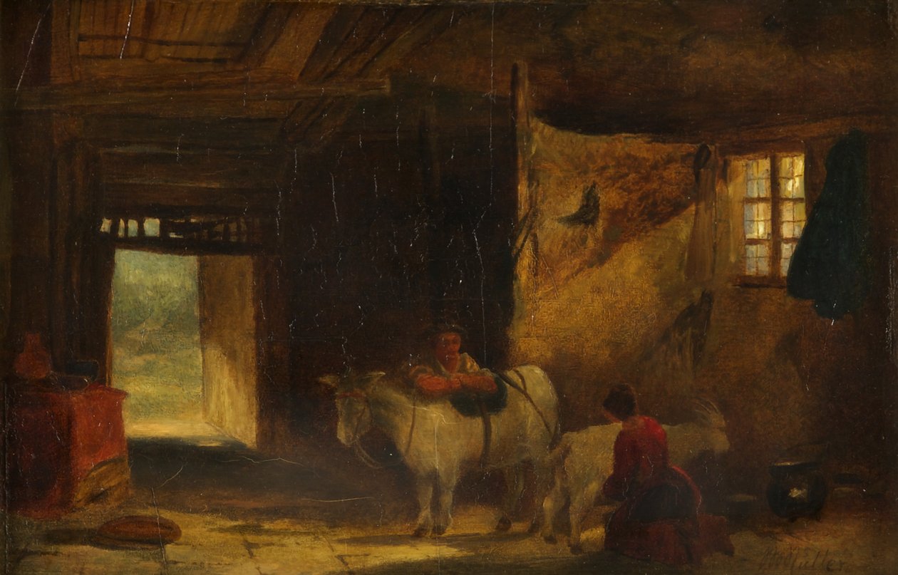 Walesin sisustus, jossa tyttö lypsää vuohia (öljy paneelissa) tekijältä William James Muller