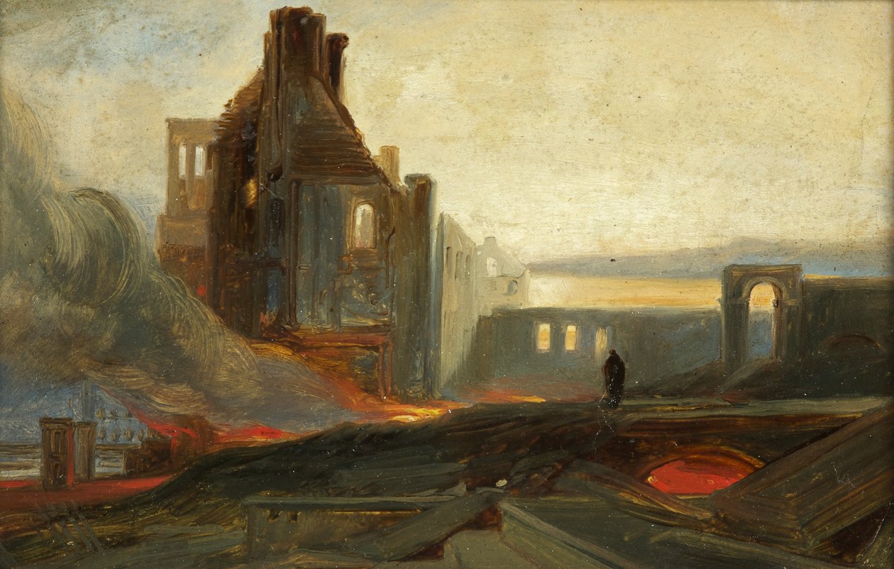 Bristol Riots: Ruins of Warehouses in Prince Street, n. 1831 (öljy paperille) tekijältä William James Muller