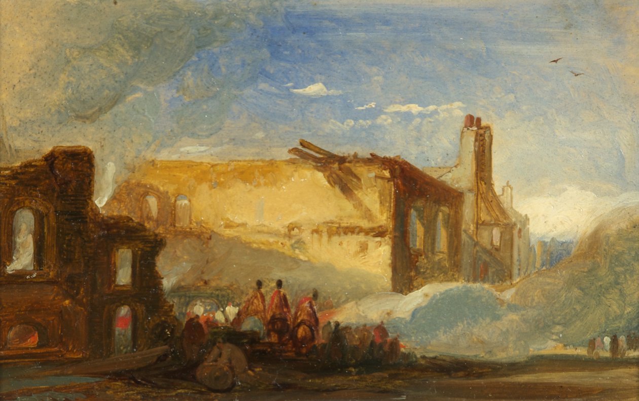Bristol Riots: Ruins of Warehouses in Prince Street, ratsujoukkoja, n. 1831 (öljy paperille) tekijältä William James Muller