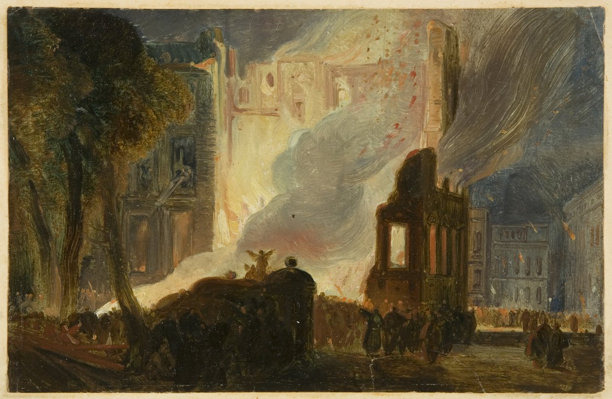 Bristol Riots: The Burning of the Mansion House, Queen Square, n. 1831 (öljy paperille) tekijältä William James Muller