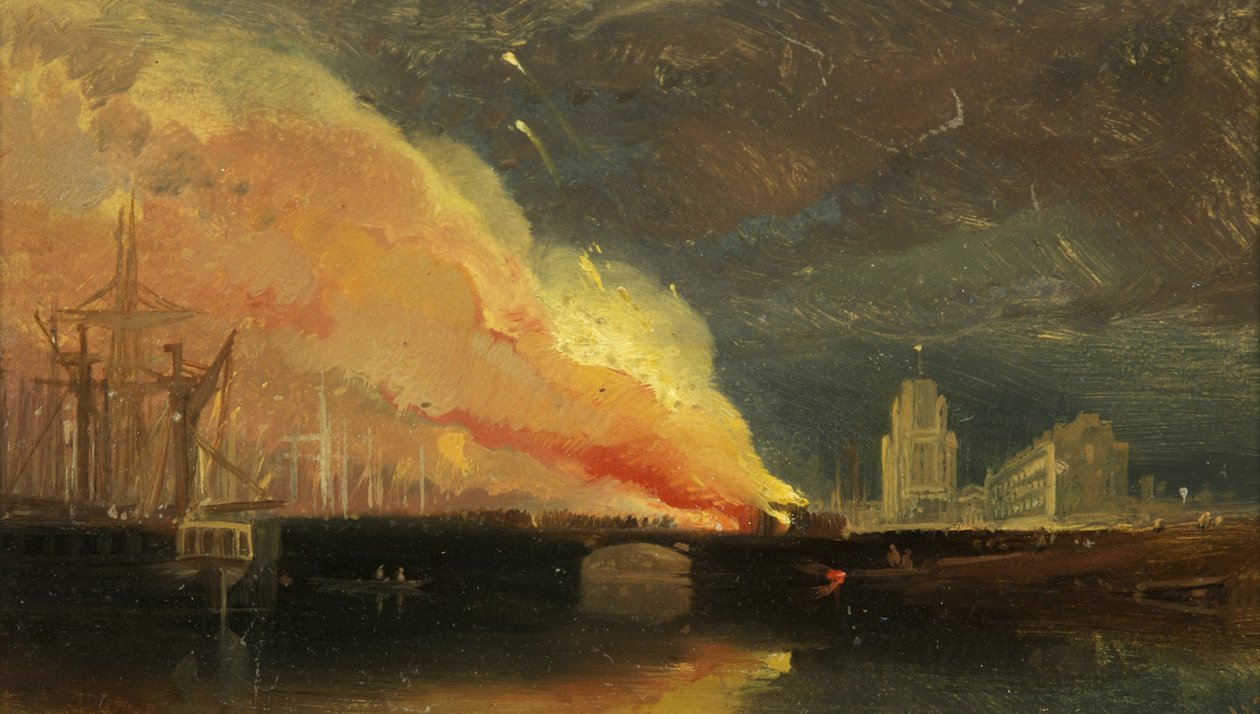 Bristol Riots: Tullitalojen polttaminen Prince Street Bridgellä St Mary Redcliffen kanssa tekijältä William James Muller