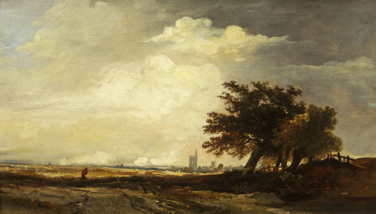 Maisema kirkon kanssa, n. 1839 (öljy paneelille) tekijältä William James Muller