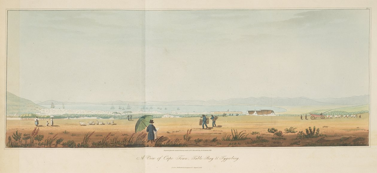 Näkymä Kapkaupungista, Table Baystä ja Tygerbergistä, julkaisusta Travels in the Interior of Southern Africa, voi. 1 tekijältä William John (after) Burchell