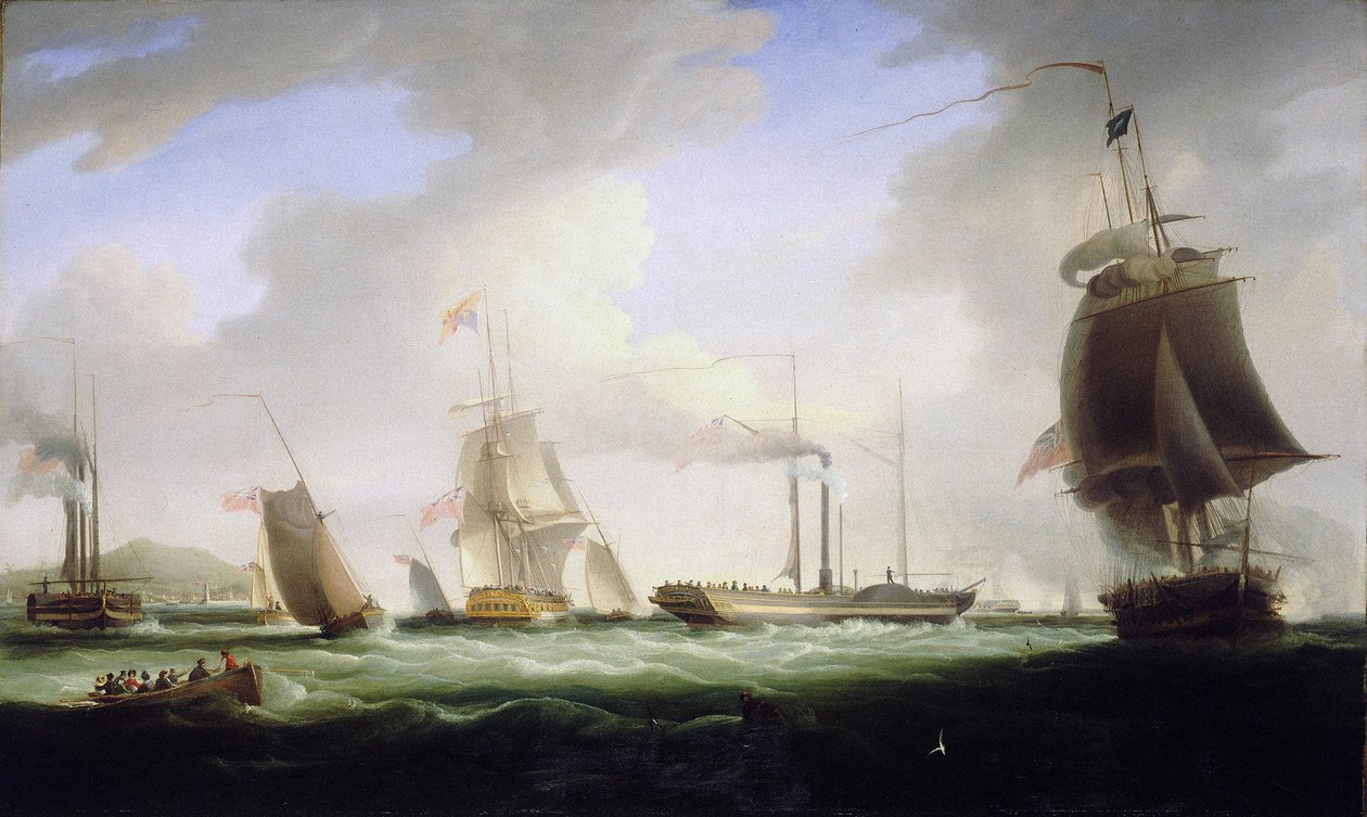 Englannin kuningas Yrjö IV (1762-1830) nousi postilaitoksen ensimmäiseen höyrylaivaan Lightningiin, joka oli matkalla Dubliniin (Irlanti) 12. elokuuta. tekijältä William John Huggins