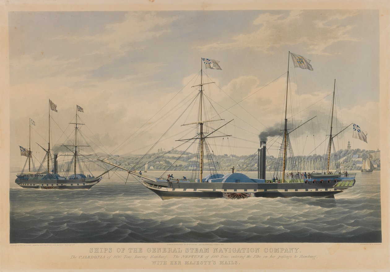 General Steam Navigation Companyn alukset. 800-tonninen Caledonia lähdössä Hampurista - 800-tonninen Neptune tulossa Elbeen matkalla Hampuriin Hänen Majesteettinsa postin kanssa. tekijältä William John Huggins