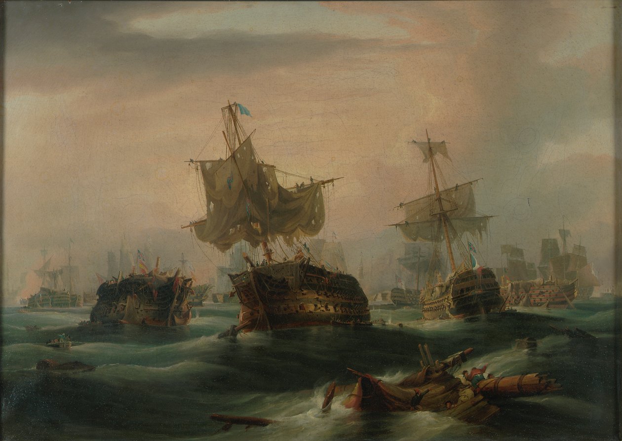 Trafalgarin taistelu, 21. lokakuuta 1805 : "Taistelun loppu", noin 1837 (öljy kankaalle). tekijältä William John Huggins