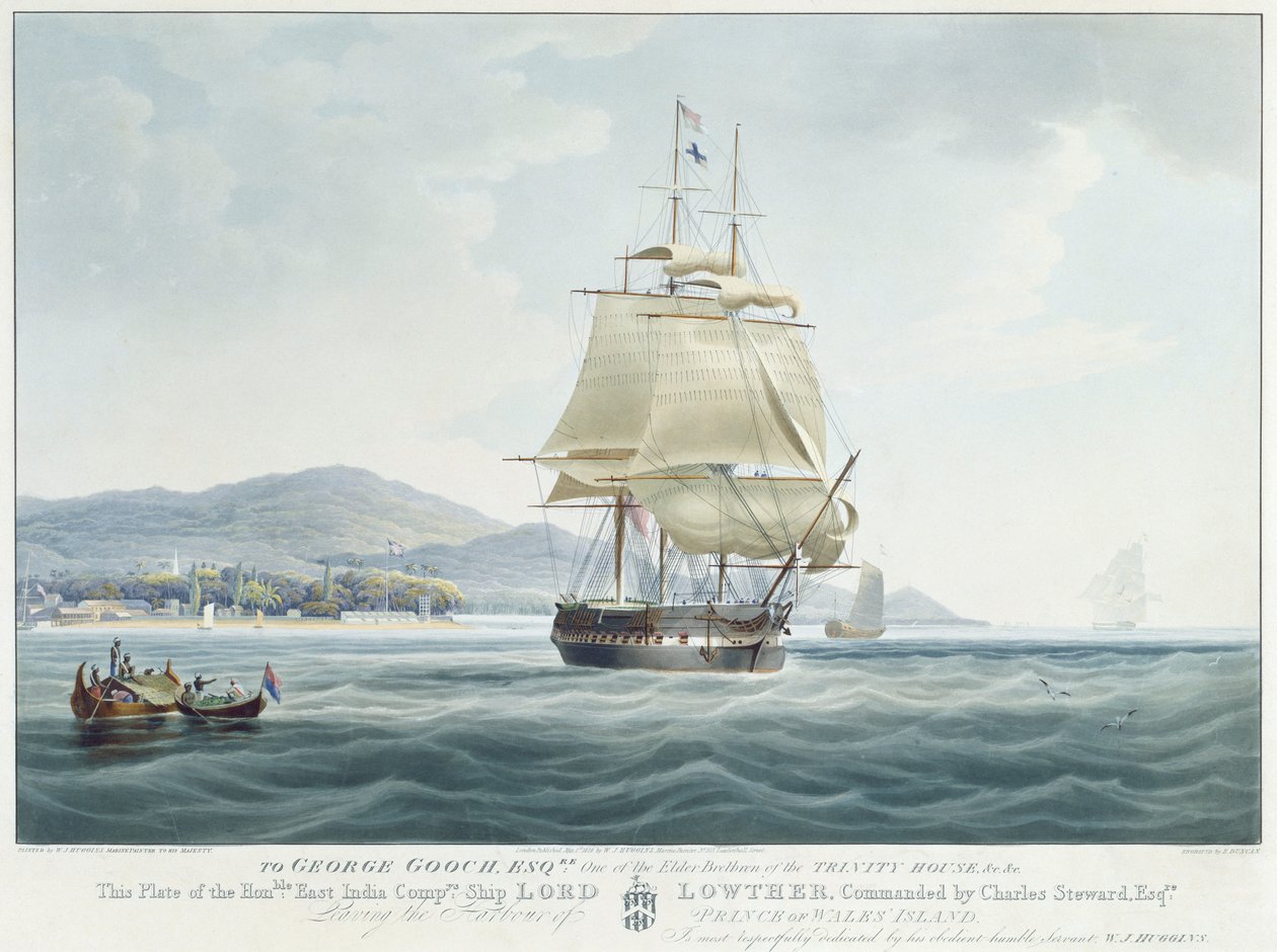Itä-Intian komppanian laiva "Lord Lowther", jonka komentaja on Charles Steward, lähtee Prince of Walesin saaren satamasta. tekijältä William John Huggins