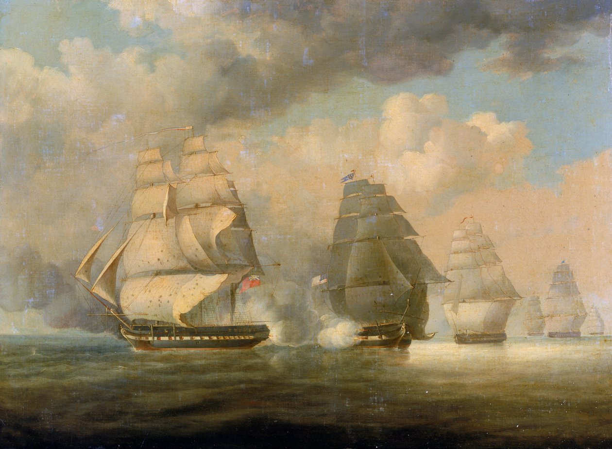 HMS "Belvideran" pako 23. kesäkuuta 1812 New Londonin rannikon edustalla Connecticutissa yhdeksän päivää sen jälkeen, kun angloamerikkalainen sota tai toinen itsenäisyyssota (1812-1815) oli syttynyt. tekijältä William John Huggins