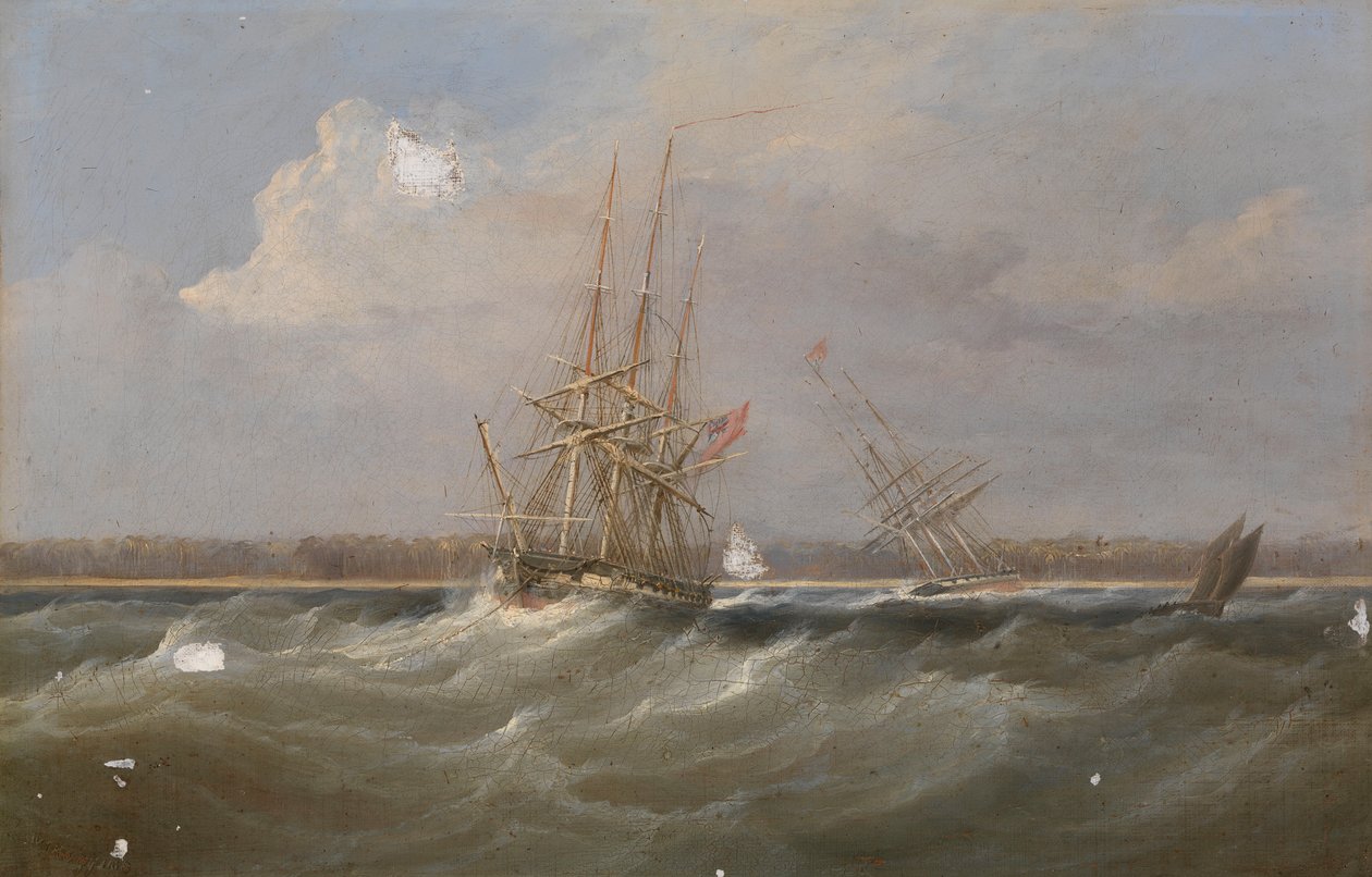 Oopiumklipperi "Sylph" pelastettu luuppi "Clive":n toimesta, noin 1835 (öljymaalaus). tekijältä William John Huggins