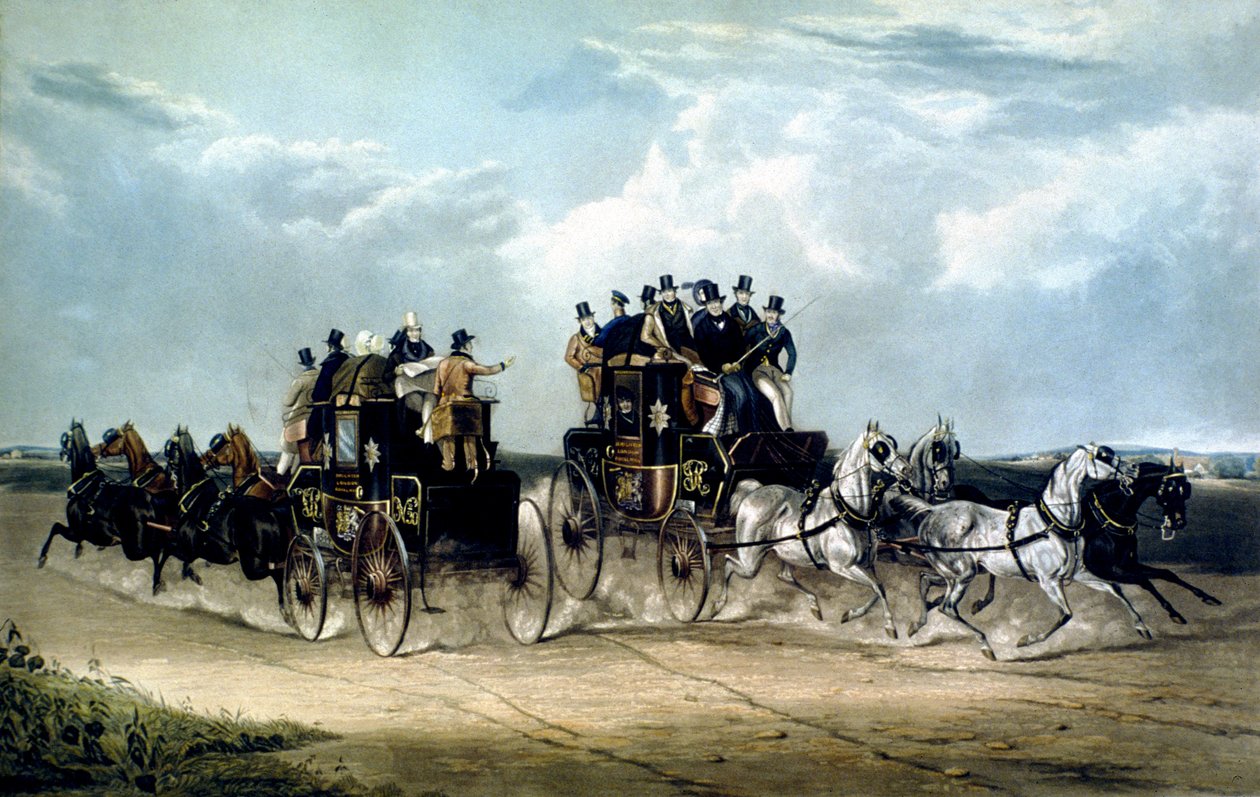Brighton Day Mails kulkee Hockward Commonin yli, kaivertanut Charles Hunt tekijältä William Joseph (after) Shayer