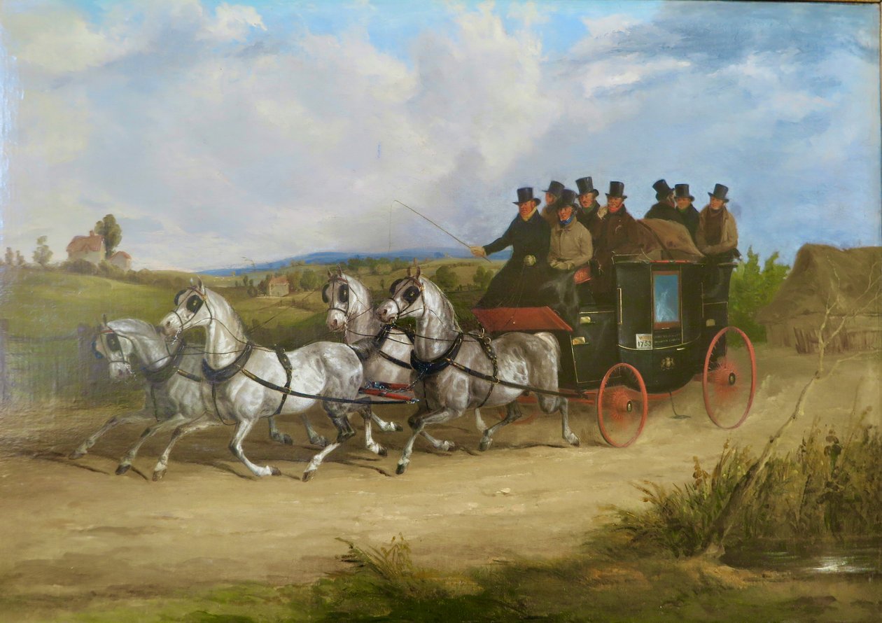 Harmaiden hevosten vetämä Lontoon ja Brightonin välinen postivaunu (öljy kankaalle) tekijältä William Joseph Shayer