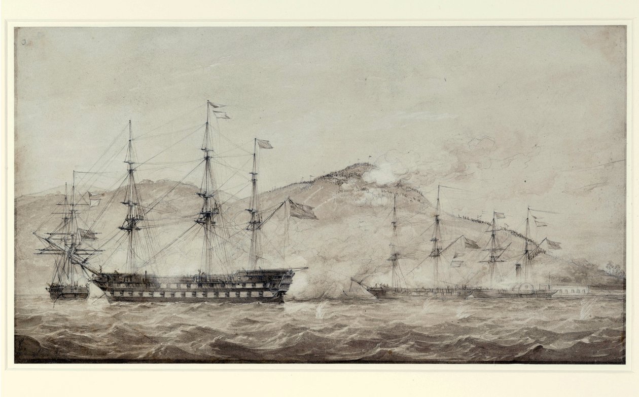 HMS:n alukset "Wellesley", "Columbine" ja "Grisel" Amoyn (Kiina) edustalla vuonna 1841. Lavis tekijältä William Joy