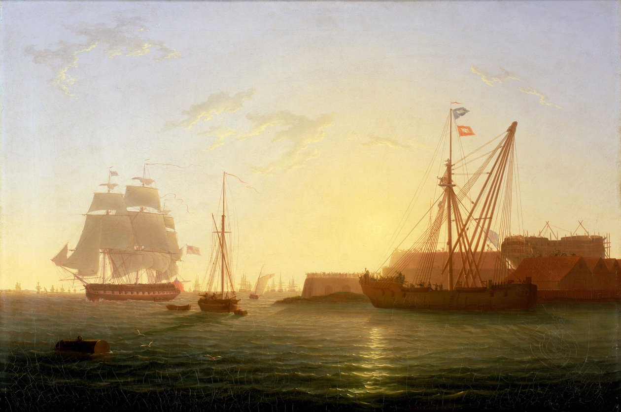 HMS Clyden saapuminen Sheernessiin, Englantiin, aamulla 30. toukokuuta 1797 sen jälkeen, kun se oli paennut keskellä yötä Richard Parkerin (1867-1897) johtamilta Nore-kapinallisilta. tekijältä William Joy