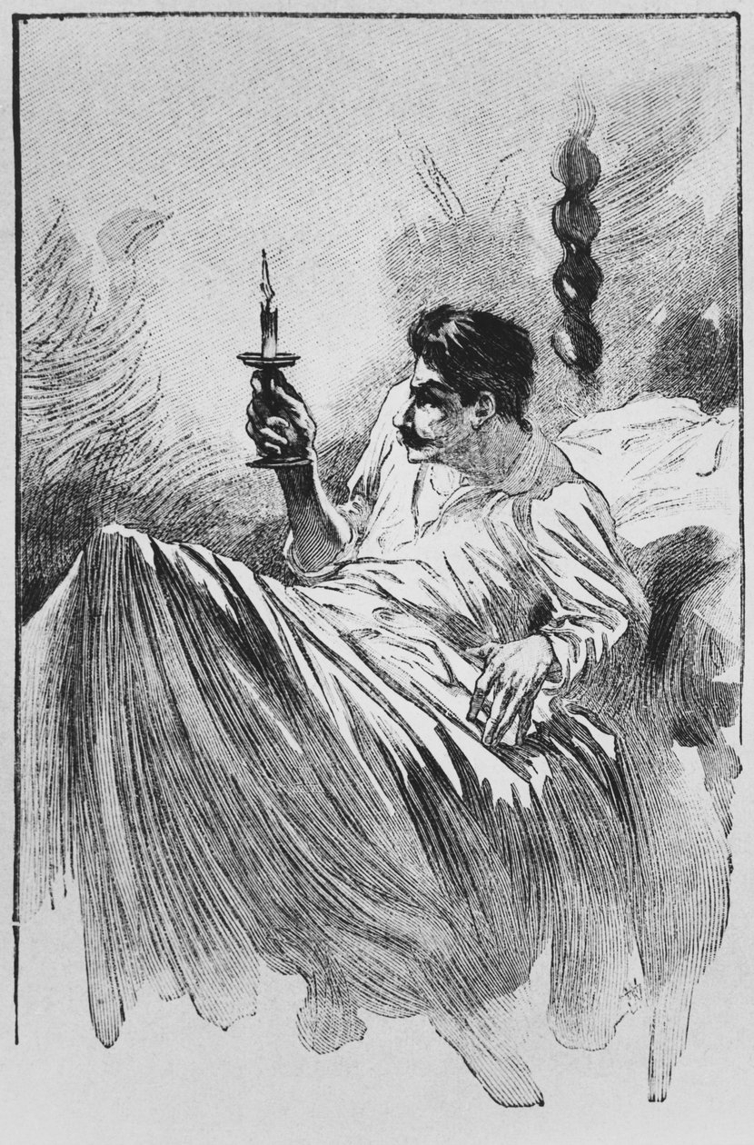 Kertoja sängyssä, kuvitus Guy de Maupassantin (1850–1893) Le Horlasta, kaiverrettu Georges Lemoine, Pariisi, Editions Albin Michel, n. 1910 (puukaiverrus) tekijältä William Julian Damazy