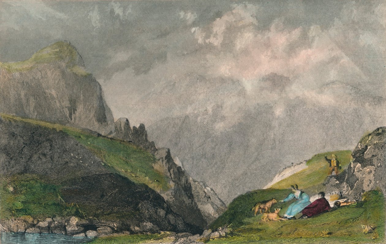 "Näkymä Langdale Pikesista, katse kohti Bowfellia, Westmorland", 1835 tekijältä William Kelsall