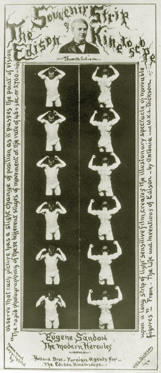 Edison Kinetoscope Eugene Sandowin matkamuistonauha, moderni Hercules, n. 1894 bw valokuva tekijältä William Kennedy Laurie Dickson