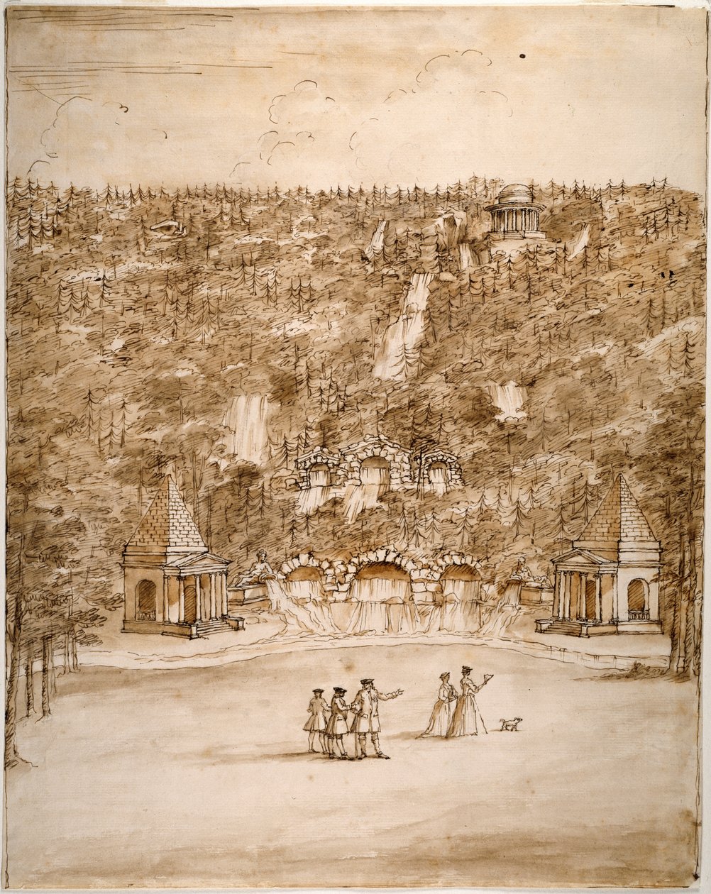 Chatsworth: suunnittelu Cascadelle, 1740-luvun alku (kynä ja ruskea muste ruskealla pesulla kynällä paperilla) tekijältä William Kent