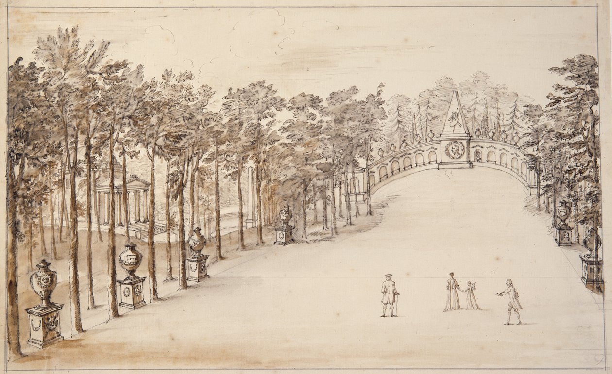 Chiswick, ensimmäinen malli Exedralle (kynä ja muste ja pesu paperille) tekijältä William Kent