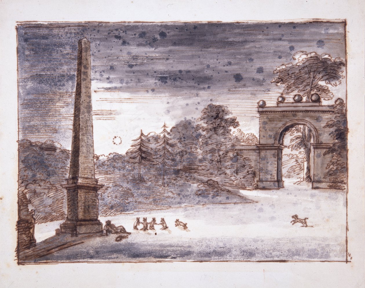 Chiswick, Burlington Lane Gate ja obeliski kuunvalossa Kentin istuessa obeliskin vieressä haaveilemassa ja kanien kanssa leikkimässä, n. 1732 (kynä ja muste ja pesu paperille) tekijältä William Kent