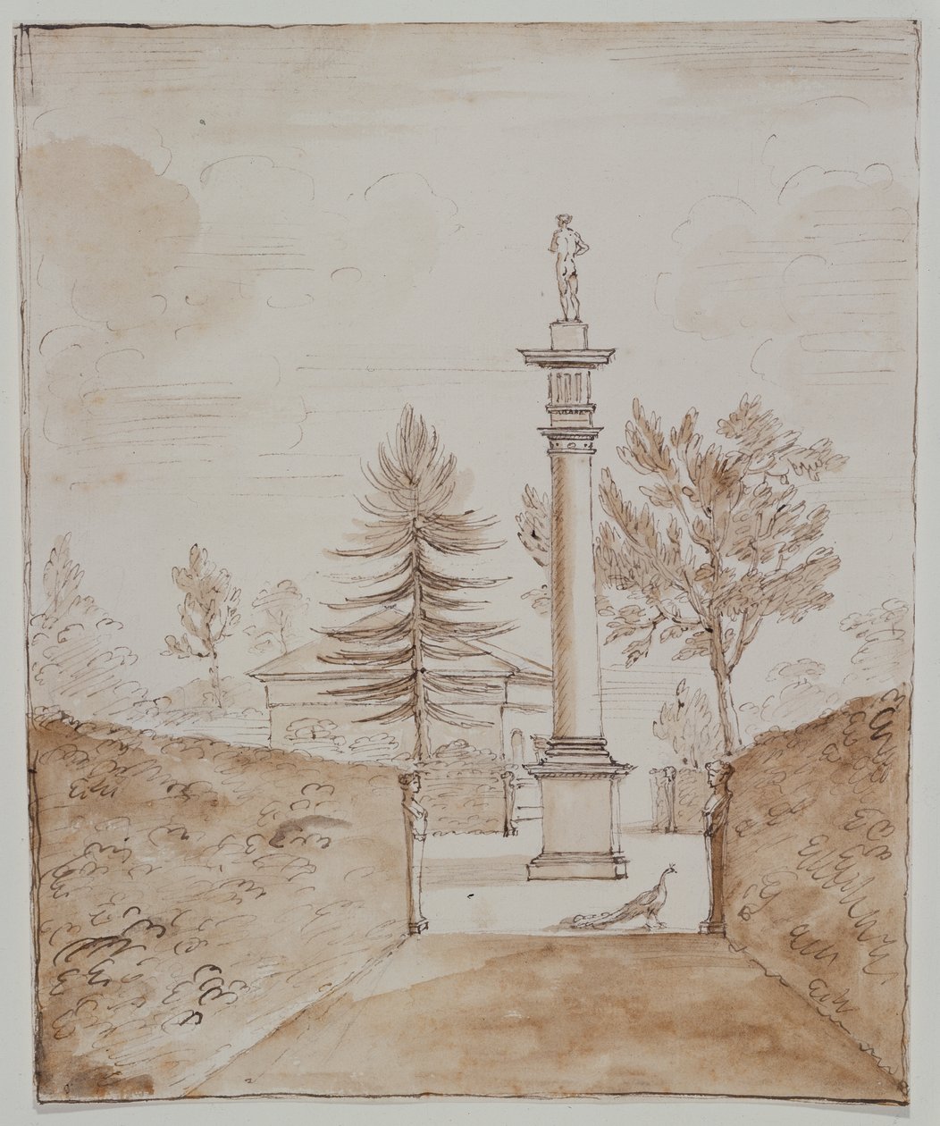 Chiswick, näkymä Doric-pylvääseen, jossa on Venus de Medici -patsas, ja näkemys peuratalon sivusta (kynä ja muste paperille) tekijältä William Kent
