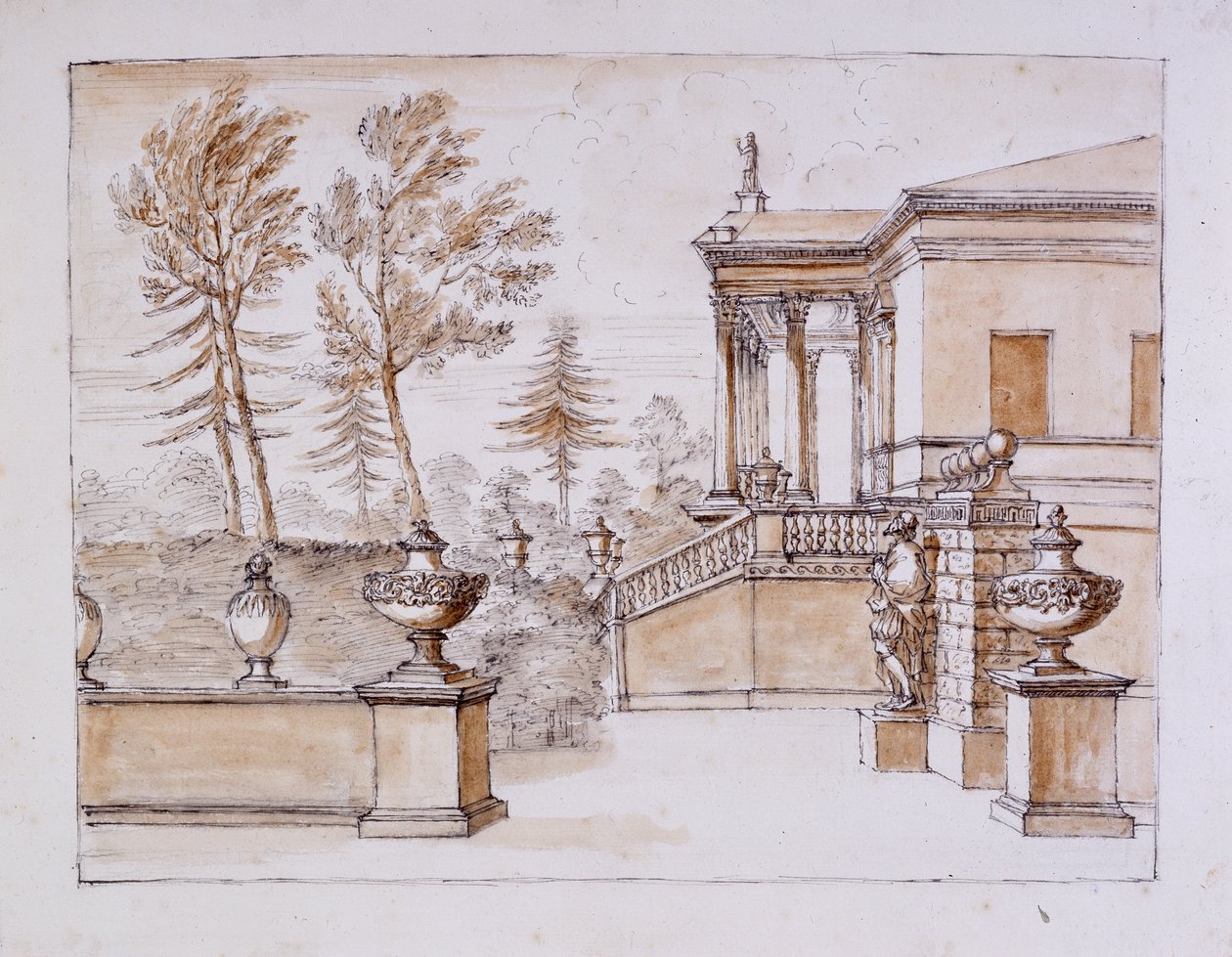 Chiswick, näkymä huvilasta Inigo Jones -patsaan puolella (kynä ja muste ja pesu kynällä paperilla) tekijältä William Kent