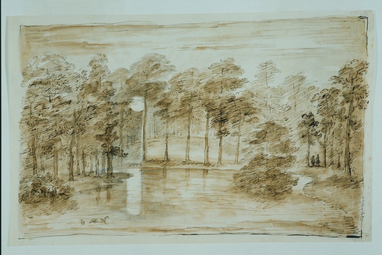 Suunnittelu metsävesipuutarhaan kuunvalossa (kynä ja muste ja pesu kynällä paperille) tekijältä William Kent