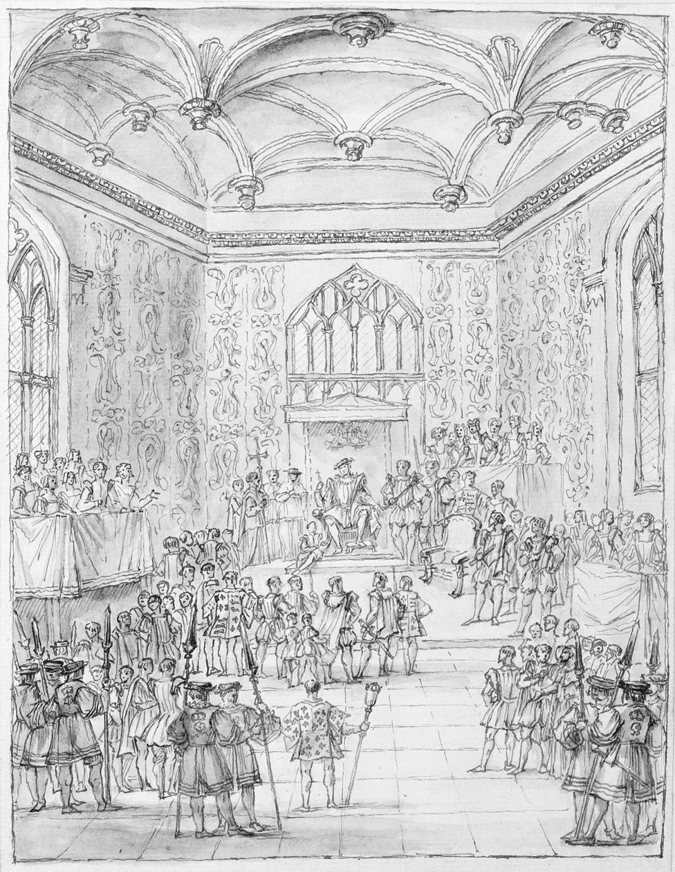 Henry VIII vastaanottaa Ranskan suurlähettilään Montmorencyn Hampton Courtissa tekijältä William Kent
