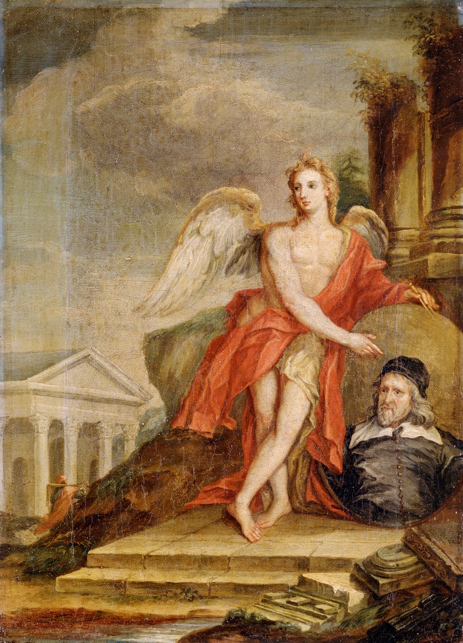 "Arkkitehtuurin nero pitelee Inigo Jonesin muotokuvaa", 1700-luku tekijältä William Kent
