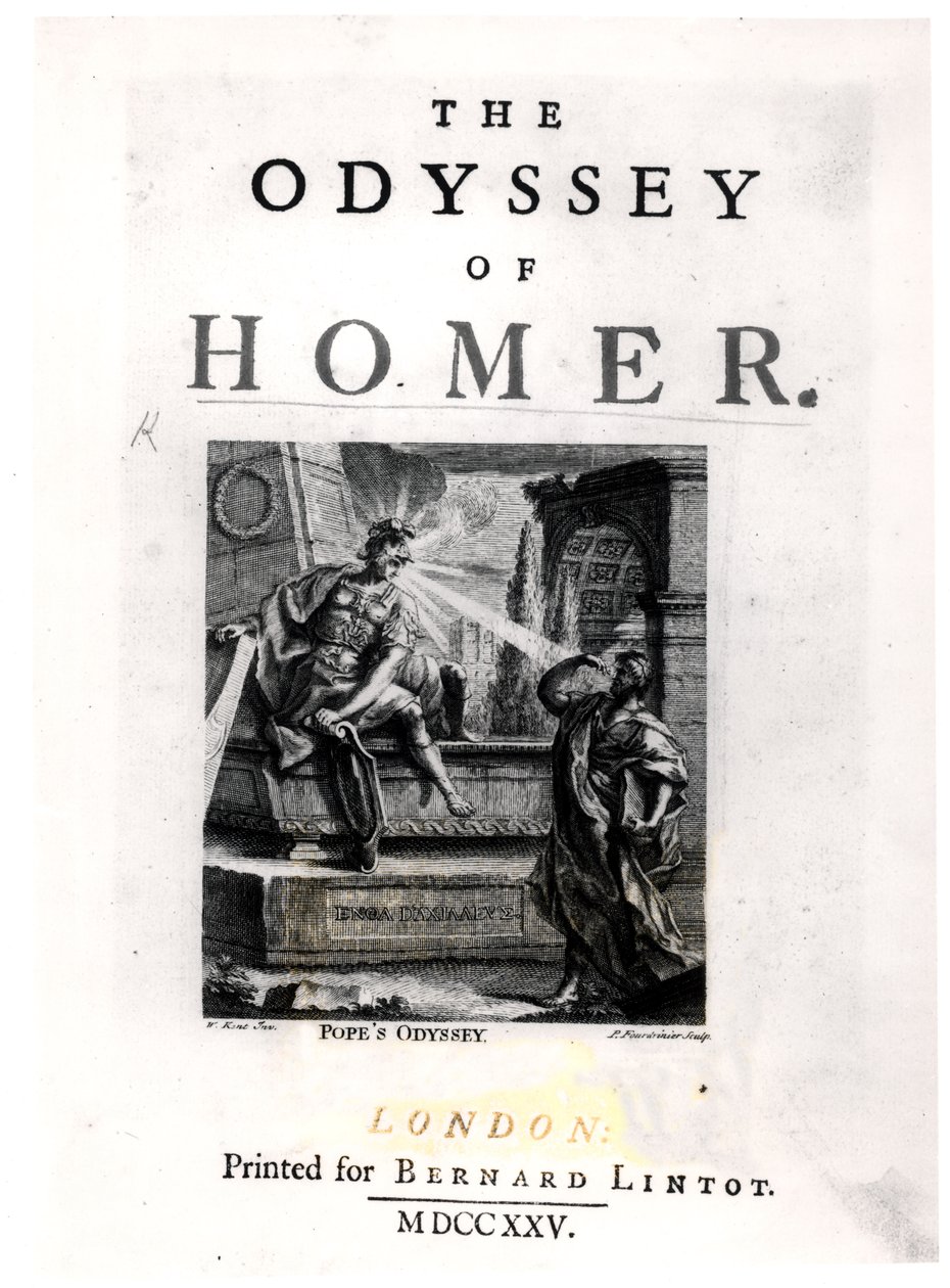 Pierre Fourdrinier (fl.1720-60) kaivertaman Homerin Odysseian otsikkosivu tekijältä William Kent