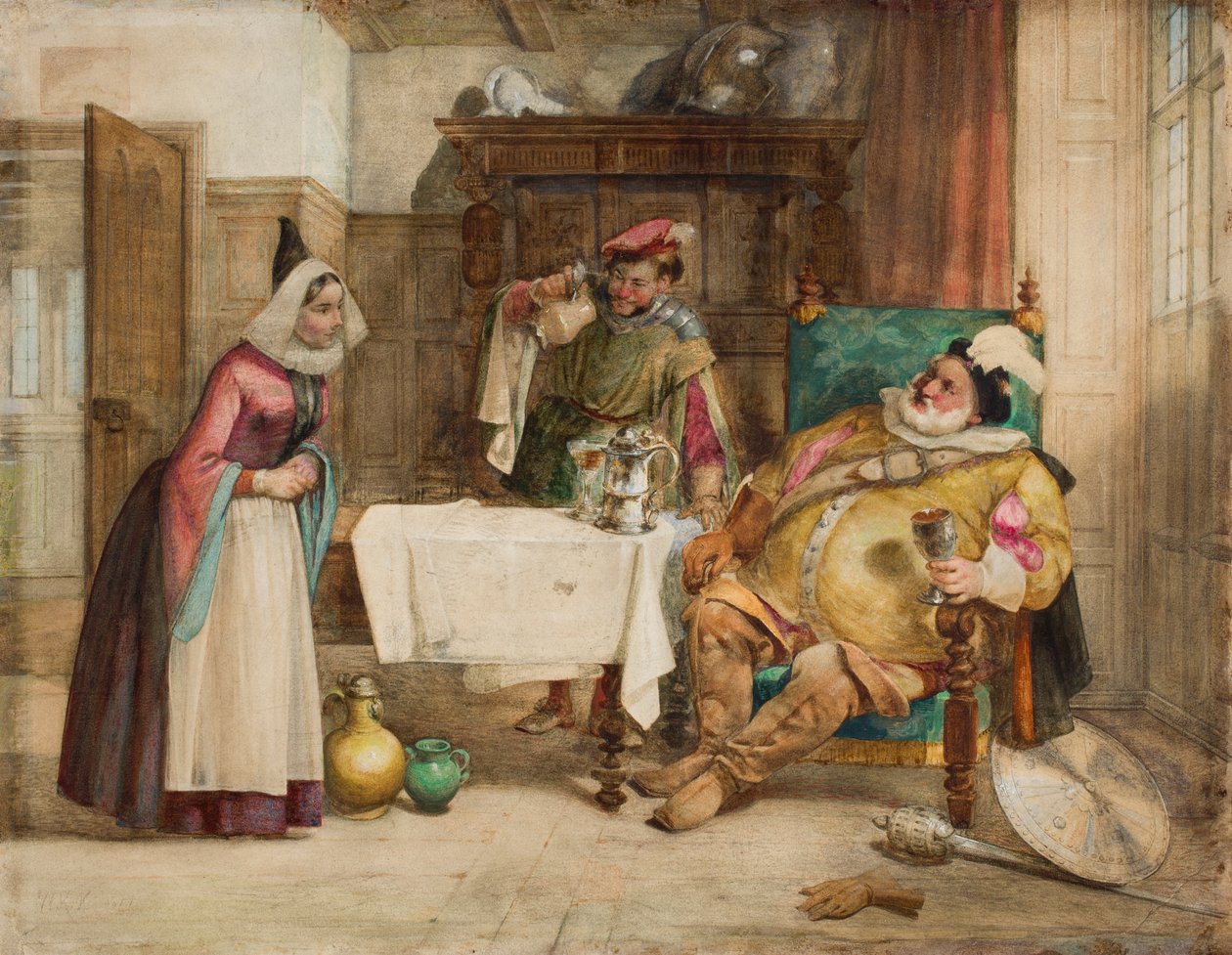 Kohtaus Shakespearen "Windsorin iloiset vaimot": Falstaff, Bardolf ja emäntä, 1860 tekijältä William Knight Keeling