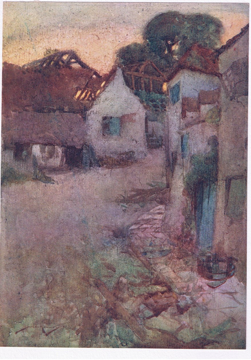 Jousi ovat upotettuina, kaikki muodottomissa raunioissa, ja pitkä ruoho peittää muovaavan seinän (väri litho) tekijältä William Lee Hankey