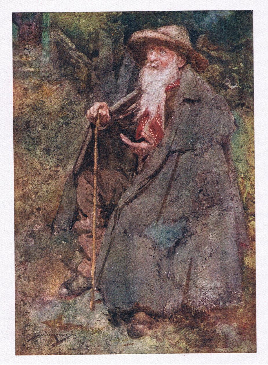 Pitkään muistettu kerjäläinen oli hänen vieraansa, jonka parta alaspäin pyyhkäisi hänen iäkkään rintansa (väri litho) tekijältä William Lee Hankey
