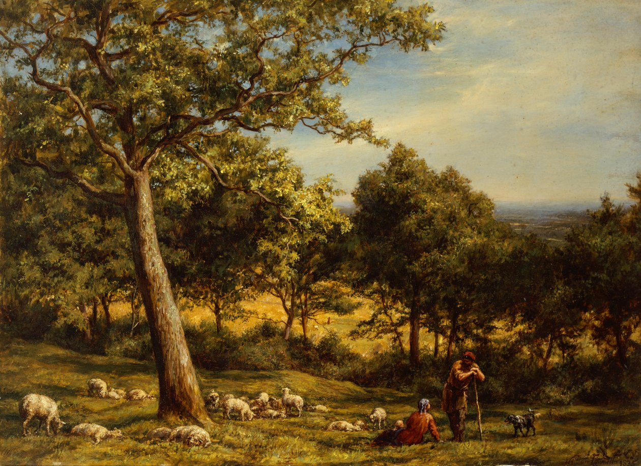 Paimen ja hänen laumansa auringon valaisemassa metsämaisemassa tekijältä William Linnell
