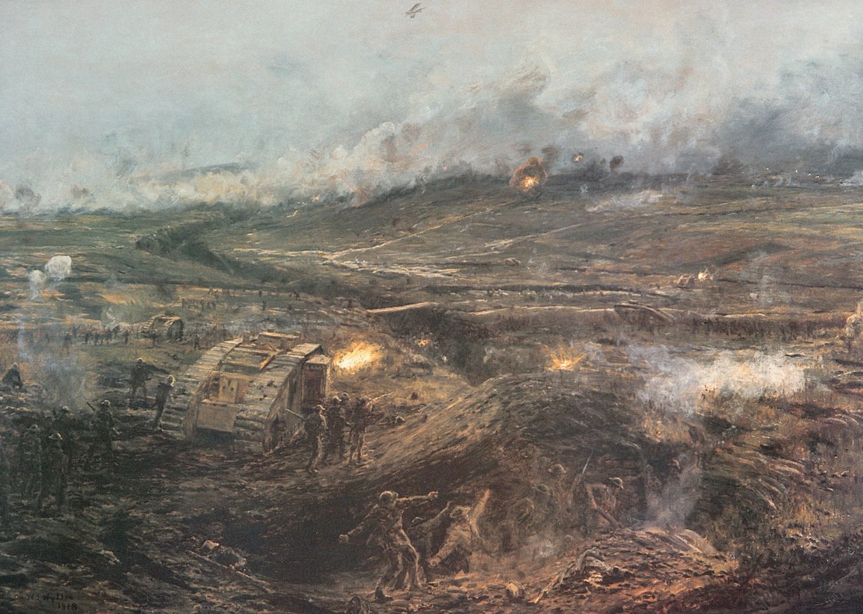 "Aamunkoitto, 20. marraskuuta 1917" - Brittipanssarivaunut lähtevät toimiin Cambraissa, Ranskassa tekijältä William Lionel (after) Wyllie