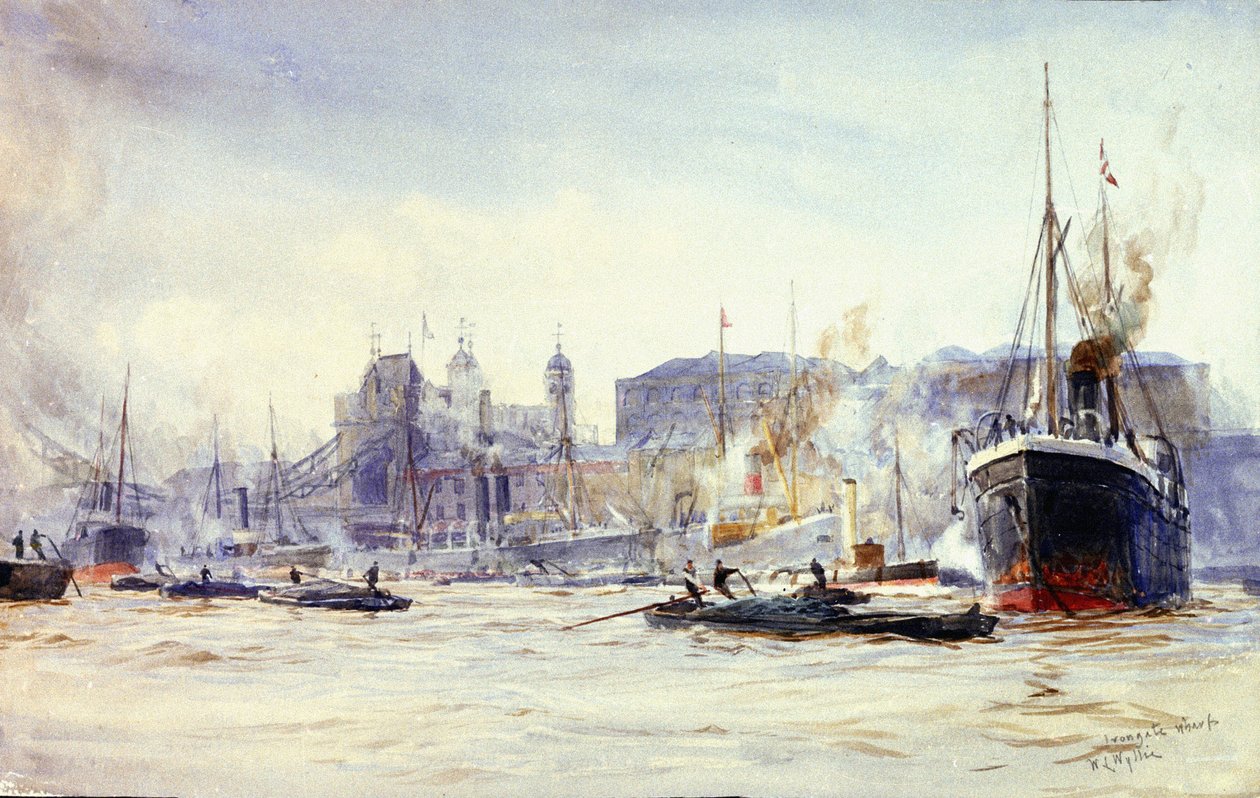 Toimintakohtaus Irongate Quayn varrella, Thames-joella (Englanti), kaukana Tower Bridge (Tower Bridge). tekijältä William Lionel Wyllie