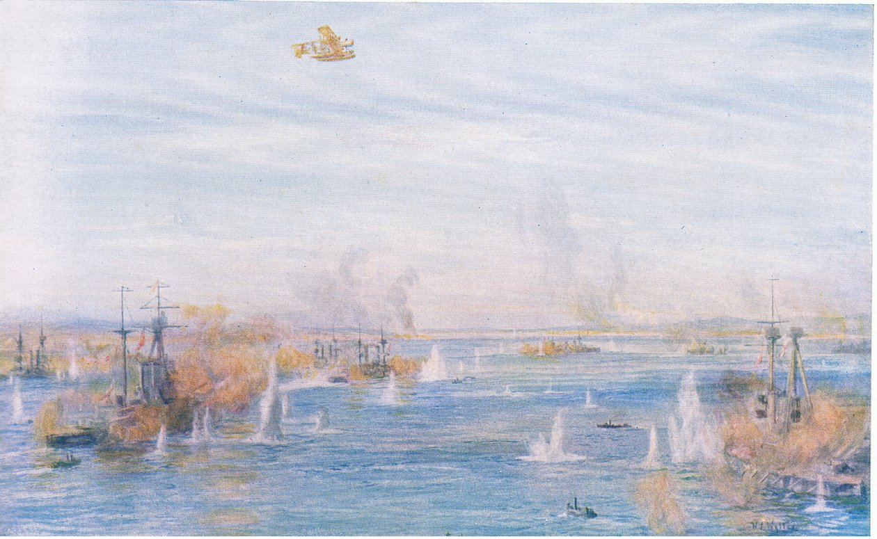 Bombarding the Narrows, 18. maaliskuuta 1915, Cassells History of the British People -teoksesta, jonka on julkaissut Waverley Book Company Limited, n. 1940. tekijältä William Lionel Wyllie