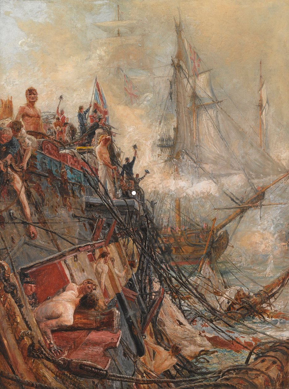 "Rajattu, mutta valloittamaton": H.M.S. "Belleisle" Trafalgarissa, 21. lokakuuta 1805 (öljy kankaalle) tekijältä William Lionel Wyllie