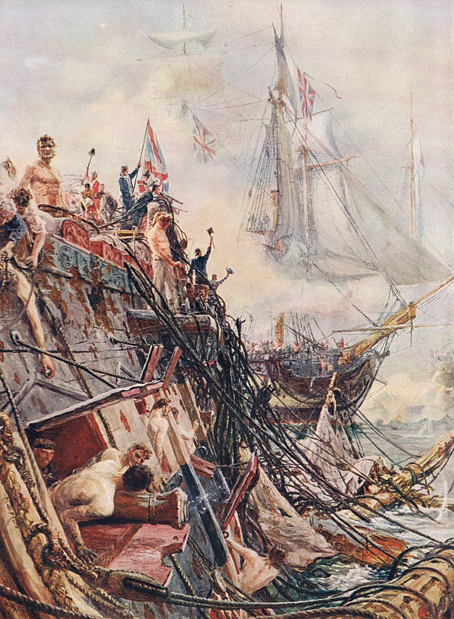 Rajattu, mutta valloittamaton: Belleisle Trafalgarissa 21. lokakuuta 1805, kuvitus julkaisusta "British Battles on Land and Sea", julkaisija Cassell, Lontoo, noin 1910 tekijältä William Lionel Wyllie