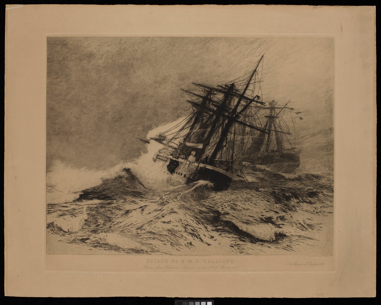 H.M.S. Calliopen pako Apian satamasta Samoalta 16. maaliskuuta 1889 (etsaus). tekijältä William Lionel Wyllie