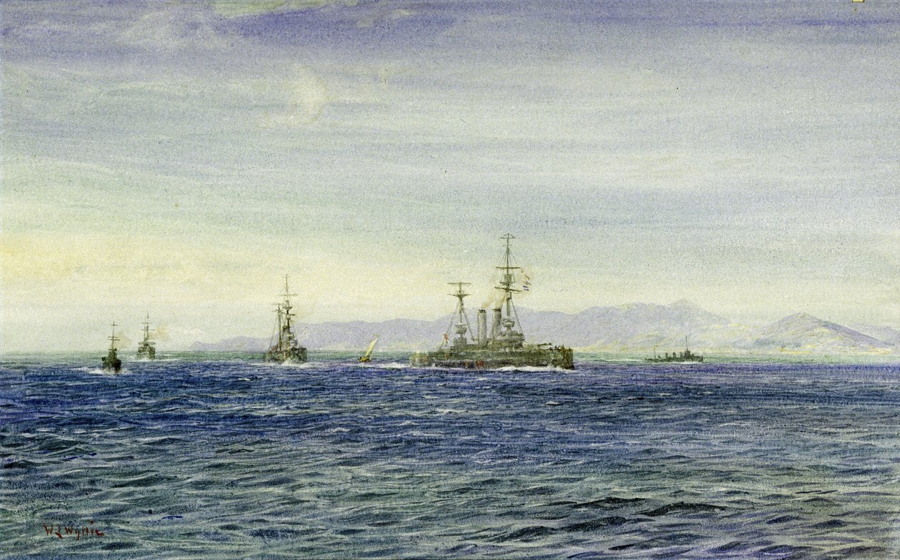 HMS "Albemarle", Firth of Moray (Skotlanti), kolmionmuotoinen suuaukko Pohjanmerelle, tämä sota-alus palveli ensimmäisen maailmansodan aikana Kanaalin laivaston partioveneenä ja toimi sitten jäänmurtajana Archangelin avuksi vuonna 1916. tekijältä William Lionel Wyllie
