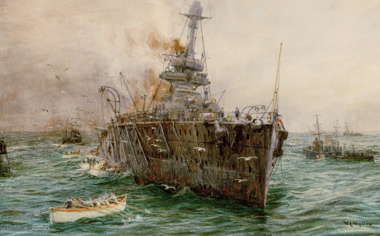 HMS "Audacious" uppoaa Loch Swillyn edustalla miinaan törmättyään, 27. lokakuuta 1914, 1900-luvun alku (akvarelli). tekijältä William Lionel Wyllie