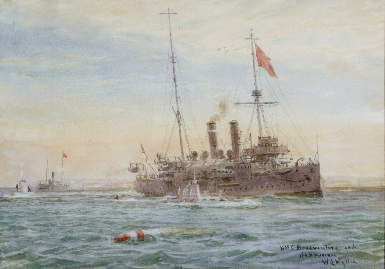 "HMS Bonaventure ja sukellusveneet" RMG PW2083 tekijältä William Lionel Wyllie