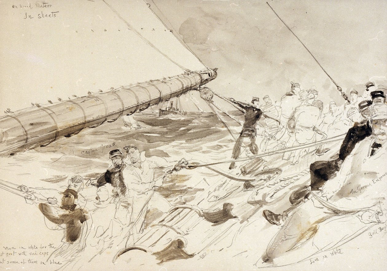 Saksan keisarillinen jahti "Meteor" (1902), oikealla miehistön jäsenten nimet, mukaan lukien Saksan keisari Vilhelm II (Wilhelm II) (1859-1941). tekijältä William Lionel Wyllie