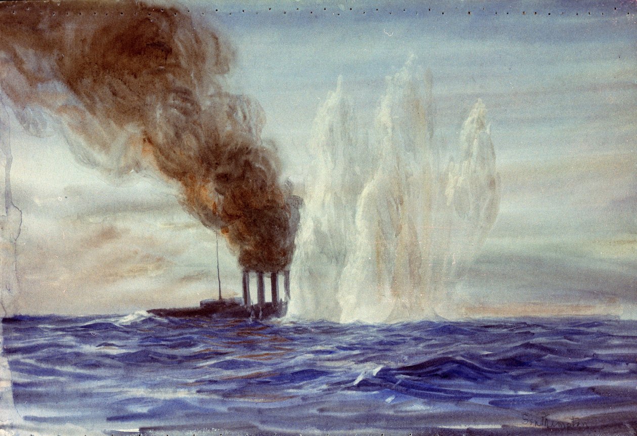 Southampton Jyllannin taistelussa, noin 1916-18 (akvarelli). tekijältä William Lionel Wyllie