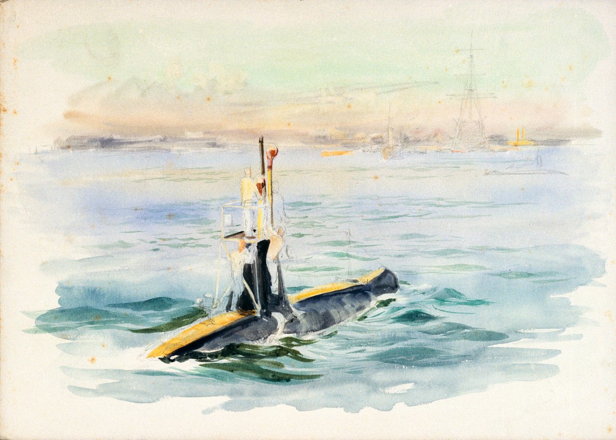 Tutkimus A-luokan sukellusveneestä matkalla, mahdollisesti Portsmouthin satamassa, 1900-luvun alussa (akvarelli, grafiitti). tekijältä William Lionel Wyllie