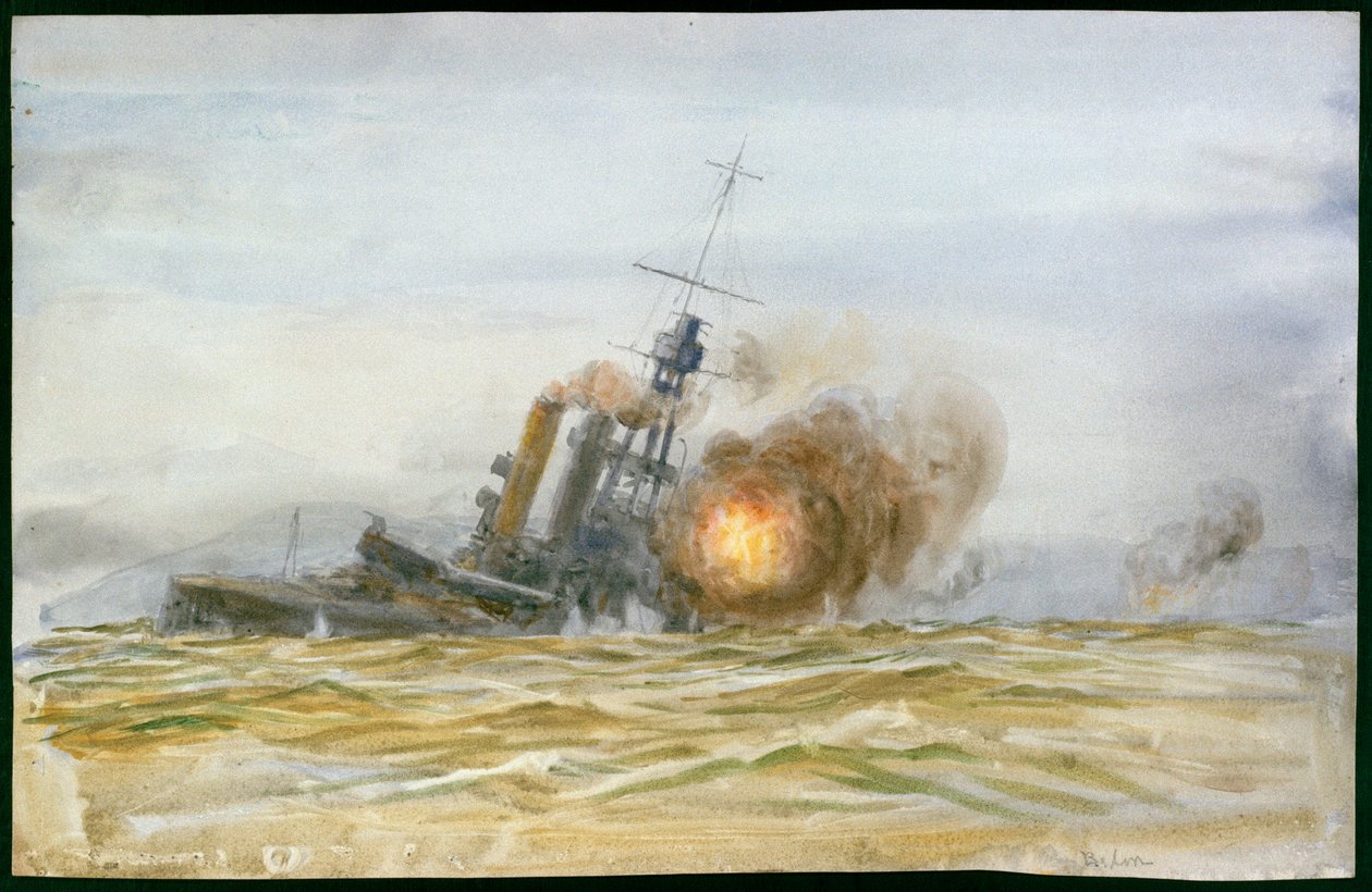 Tutkimus entisestä saksalaisesta taistelulaivasta "Baden", joka on listalla ja tulituksen kohteena tykistökohteena vuonna 1921. tekijältä William Lionel Wyllie
